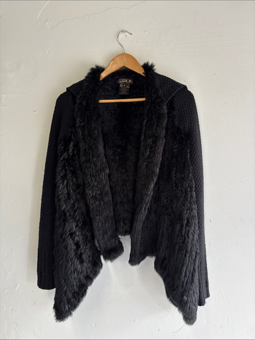 C&C California Black rabbit Fur Knit Hooded Drape Jacket